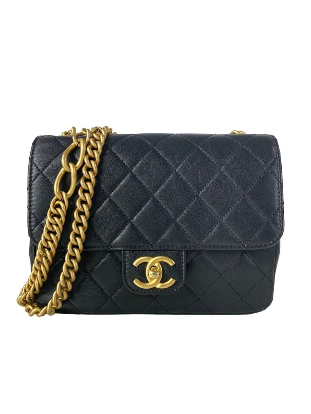 Chanel Shoulder Bag Quilted Black Chain Gold Leather